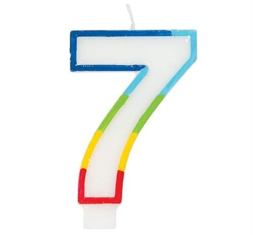 KOD-250-NR7 - Computech-Solutions Rainbow-striped number 7 birthday candle with white center and a wick on top.