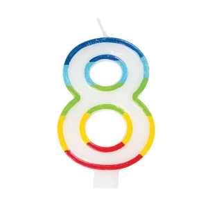 Number 8 birthday candle with a rainbow-colored border on a white candle, ready to light