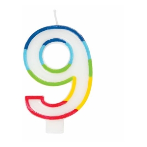 Rainbow-colored number 9 birthday candle on a white background.
