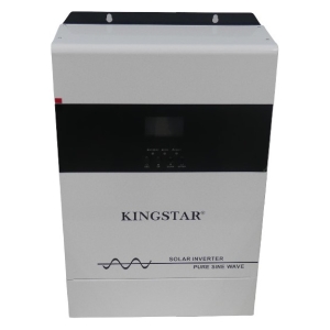 Kingstar solar inverter with black front panel, display and controls on a white cabinet; labeled 'Pure Sine Wave'.