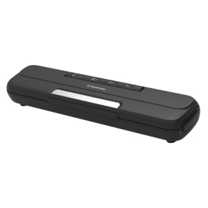 Black handheld vacuum sealer with a sealing bar and top control panel visible on a dark body.