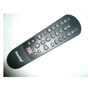 Black remote control with many buttons and a Kworlda logo on a light surface.