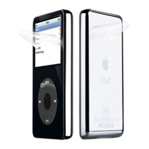 Front and back views of a black iPod with a clear screen protector being applied to the screen.