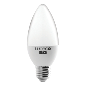 Candle-shaped white LED light bulb with a screw-in base, brand Luceco BG visible on the globe