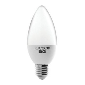 Candle-shaped LED light bulb with a screw-in base, white frosted finish and 'LUCECO BG' branding near the base.