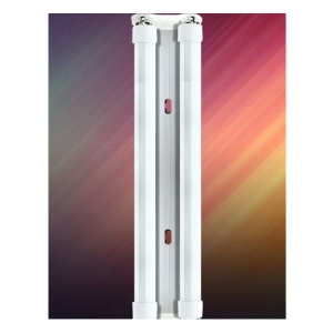 LED5FC - Computech-Solutions Twin vertical fluorescent light tubes in a slim white fixture against a colorful background, showing end caps and mounting frame.