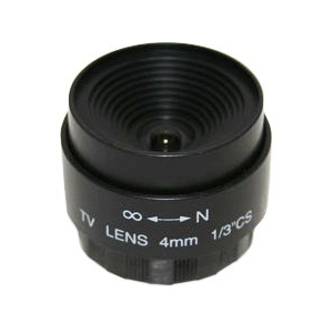 Black CCTV camera lens with 4mm focal length for a 1/3-inch sensor; markings for TV LENS are visible on the barrel, viewed from the front/side.