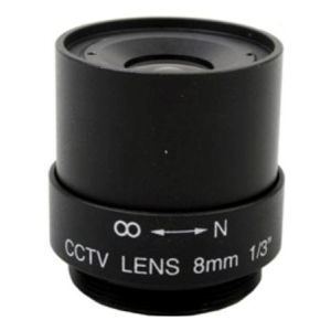 Black CCTV camera lens with markings 'CCTV LENS 8mm 1/3"', infinity symbol and focus scale on the barrel.