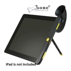 Graphic of a black drawing tablet with a fold-out kickstand, yellow buttons, and a stylus attached; caption reads 'iPad is not included'
