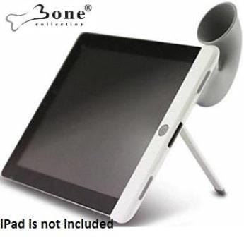 LF11041-GR - Computech-Solutions White tablet stand holding a tablet at an angle, with a gray rear support and legs; note reads 'iPad is not included' (Bone Collection branding visible).