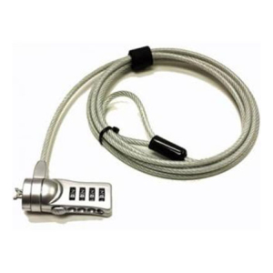 Coiled silver steel security cable with a four-digit combination lock (padlock) at the end.