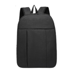 Black backpack with top handle and two shoulder straps, front pocket seams visible for a minimalist style product image.