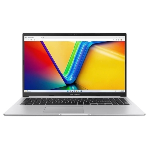 Open ASUS VivoBook laptop showing colorful abstract wallpaper on screen, silver chassis and black keyboard.