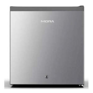 Compact stainless steel mini fridge with MORA logo on the door and a small round lock near the bottom center.
