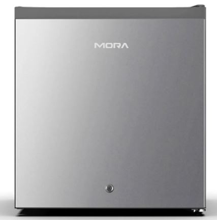 Compact stainless steel mini fridge with MORA logo on the door and a small round lock near the bottom center.