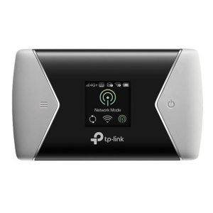 TP-Link portable Wi‑Fi router with a central black display showing network mode indicators and the TP-Link logo below.