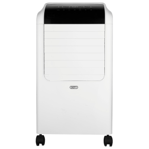 White Defy paper shredder on wheels with a black control panel on top, front-facing view.