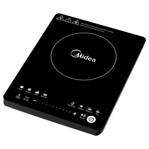 Induction cooktop with a single circular heating zone, black surface, and white touch controls along the front edge (Midea branding in center).