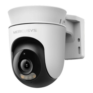 Mercusys white dome security camera mounted on a wall bracket with a black lens housing