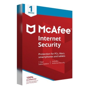 McAfee Internet Security software box for 1 device with a 1-year subscription, protecting PCs, Macs, smartphones and tablets (antivirus included).
