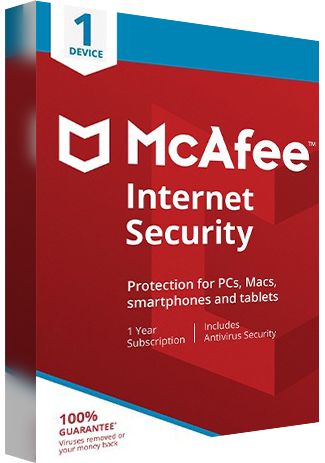 MCAFEE1YEAR - Computech-Solutions McAfee Internet Security software box for 1 device with a 1-year subscription, protecting PCs, Macs, smartphones and tablets (antivirus included).