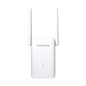 White Mercusys wireless range extender with two external antennas and a small status LED on the front.