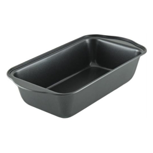 Rectangular non-stick baking pan in dark gray, used for loaves and baking