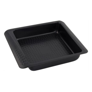 Rectangular black nonstick baking pan with short sides and a dotted interior pattern for grip and even heat distribution