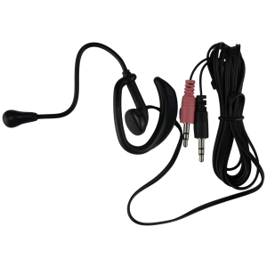 Wired headset with an adjustable boom microphone and long cable ending in a 3.5mm plug and RCA adapters for audio input/output