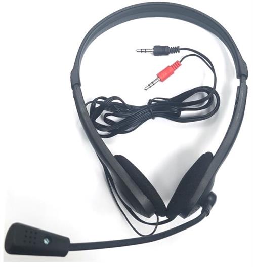 MIC003 - Computech-Solutions Wired headset with black ear cushions and a boom microphone on a white background, with 3.5 mm connectors at the top.