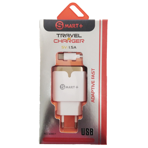 MM01-TYPEC-WHITEGOLD - Computech-Solutions Packaging for a Smart+ travel USB charger, white and orange, with the charger visible in the blister pack.