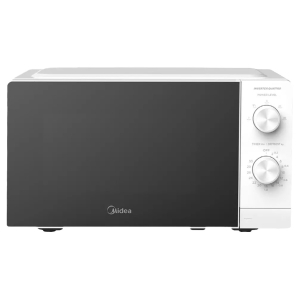 White Midea countertop microwave oven with a black door and control panel on the right side.