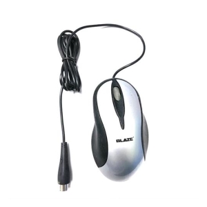 Wired computer mouse with a black and silver shell and a long black cord labeled Blaze