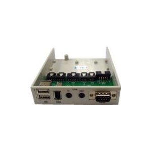 Rear panel of an industrial communications module showing Ethernet, two 3.5mm jacks, a DB-9 serial connector, and other peripheral ports