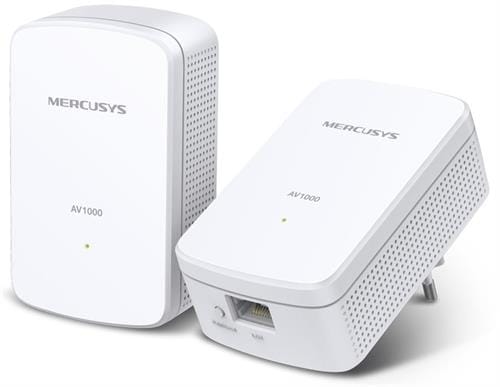 MP500KIT ComputechSolutions Two white Mercusys powerline adapters, one upright and one angled, with the Ethernet port visible on the angled unit