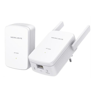 Two white Mercusys AV1000 powerline adapters for extending network over electrical outlets; one shows an Ethernet port.