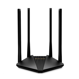 Wireless router with four external antennas and a pentagonal base, black finish, facing forward.