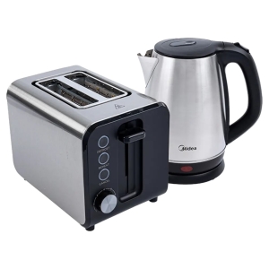 Stainless steel toaster with two slots and a black control panel, next to a silver electric kettle on a kitchen counter.