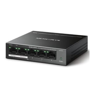 MS105GP - Computech-Solutions Five-port Merusys PoE network switch on a desk, with five Ethernet ports labeled 1–5, green status LEDs, and a power indicator.