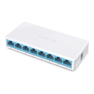 White ethernet switch with eight blue RJ-45 ports, angled view showing port panel