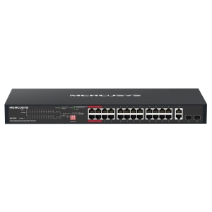 MS128GP - Computech-Solutions Mercusys network switch with 24 front-facing Ethernet ports, two uplink ports, and a red Mode Select switch.