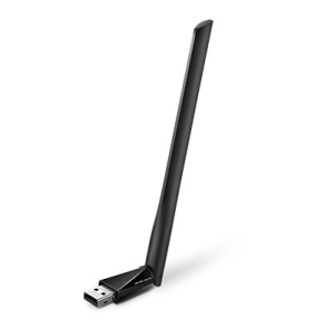 USB wireless adapter with a tall external antenna, angled upward from a black USB plug