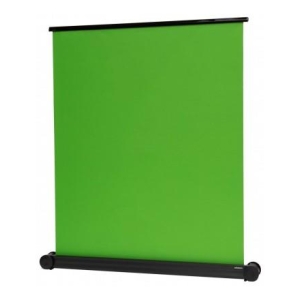 Green roll-up backdrop with a bright green screen and black top bar and bottom roller ends (green screen/photography backdrop).