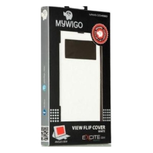 Box packaging for MyWIGO View Flip Cover: white flip cover with a rectangular viewing window on the front panel.