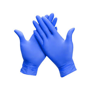 Two blue disposable nitrile gloves held together in a clapping gesture