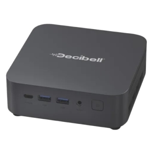 Dark gray compact device with the Decibell logo on top and multiple front ports: USB-C, two USB-A (blue), a 3.5mm jack, and a square power button.