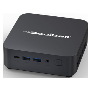 Compact black mini PC with Decibell logo, front ports for Type-C, two USB, audio jack, and power button.
