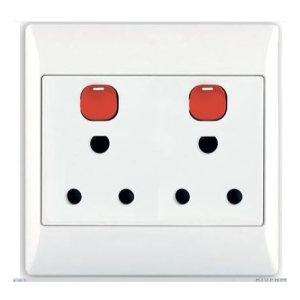 Twin white wall socket with two red rocker switches above two 3-pin outlets.