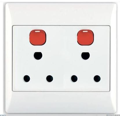 NBL2X16ADED01 - Computech-Solutions Twin white wall socket with two red rocker switches above two 3-pin outlets.