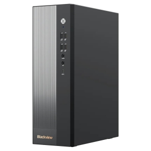 Front view of a Blackview desktop tower with a ridged left panel and multiple USB ports, audio jack, mic, and USB-C on the front panel.
